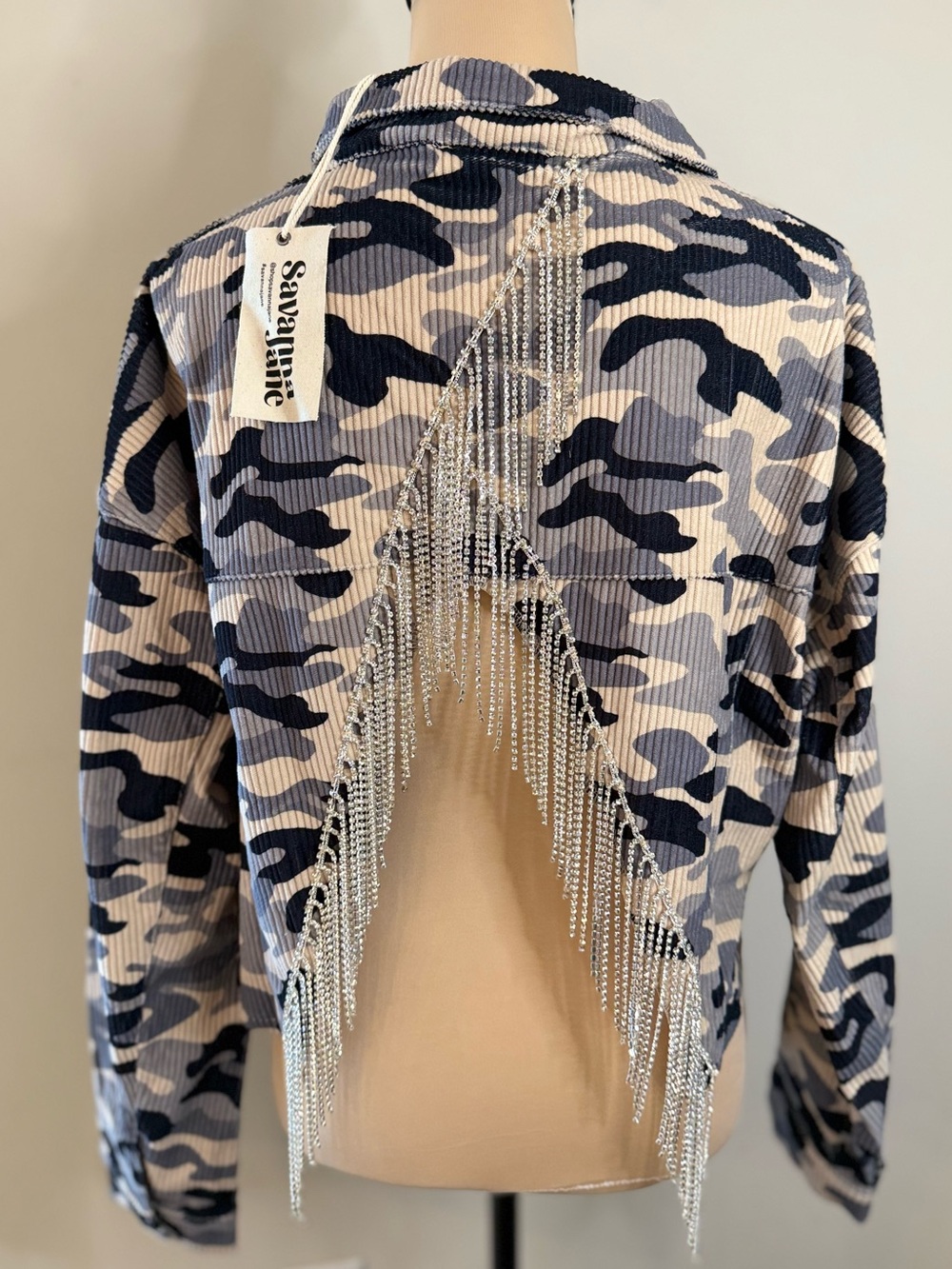 Savanna Jane jacket cowgirl camo open back rhinestone fringe SZ M